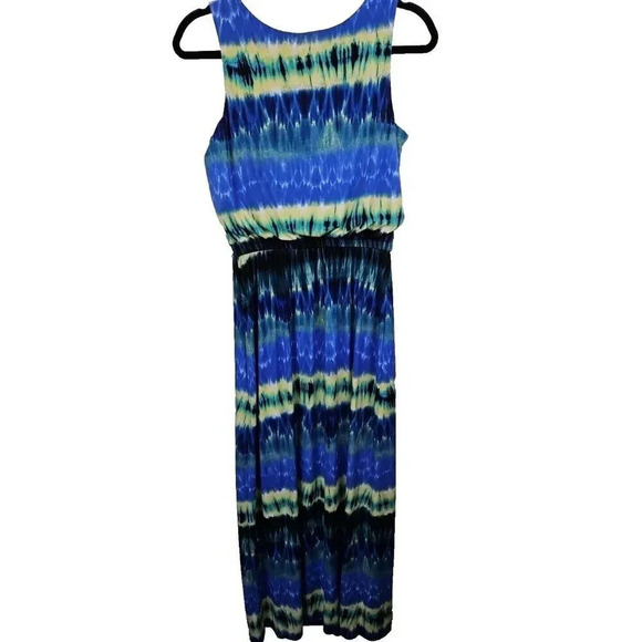 Donna Ricco Blouson Long Maxi Dress Blue Tie Dye Sleeveless Elastic Waist Size 8 - Picture 5 of 6